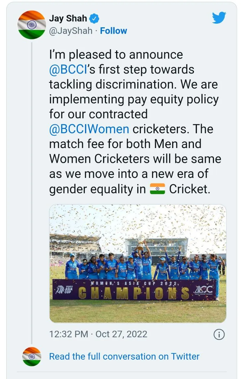 बीसीसीआय पुरुष आणि महिला भारतीय क्रिकेटपटूंना समान...